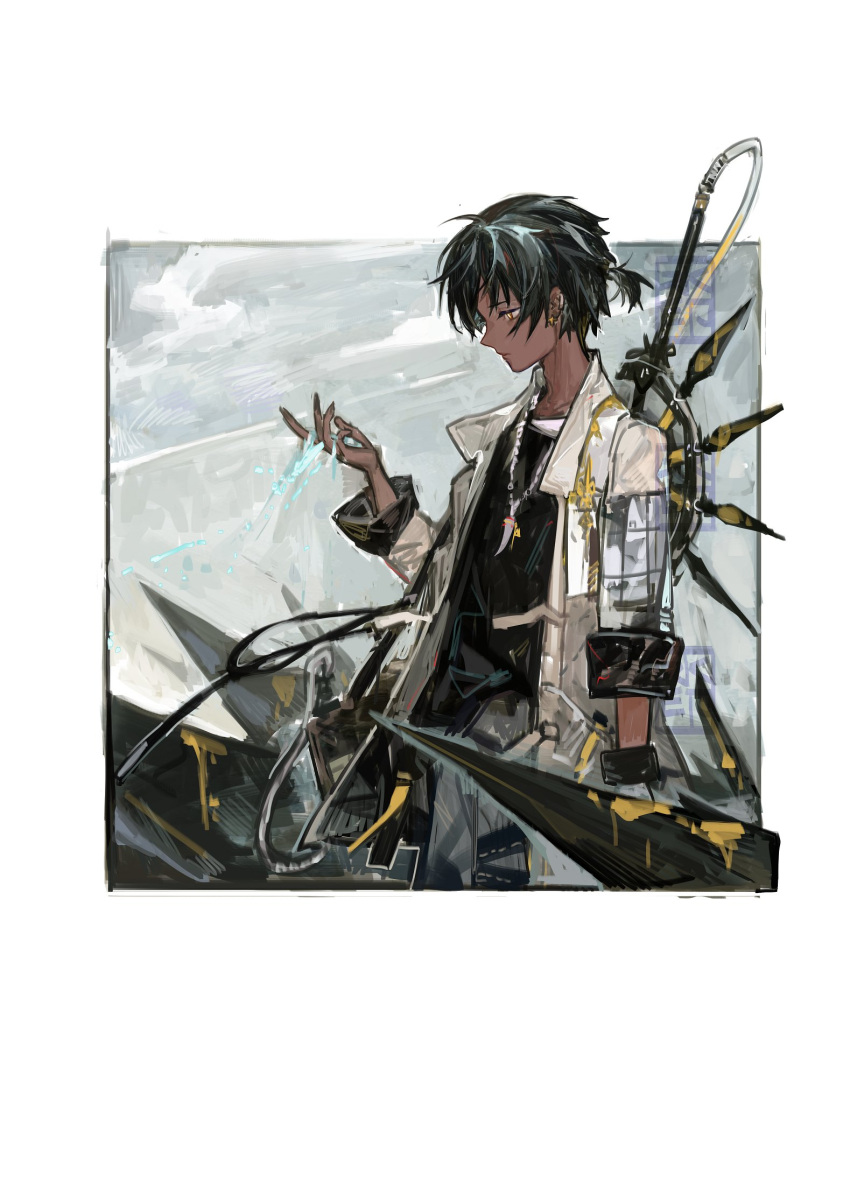 1boy arknights bag black_hair black_shirt cowboy_shot dark_skin dark_skinned_male earrings framed hand_up highres jacket jewelry male_focus necklace open_clothes open_jacket pipidan profile shirt short_hair short_ponytail shoulder_bag sleeve_cuffs solo sword sword_behind_back thorns thorns_(arknights) weapon white_jacket yellow_eyes