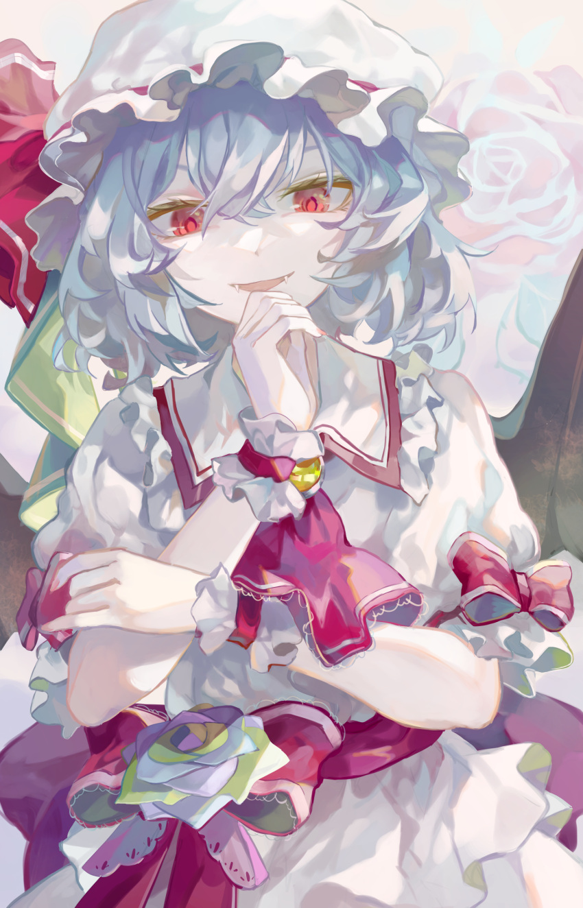 1girl :d absurdres ascot bangs bat_wings blue_hair bow brooch crossed_bangs dress dutch_angle eyebrows_behind_hair fangs flat_chest floral_background flower frilled_shirt_collar frills grey_background gu_hu hair_between_eyes hand_on_own_chin hat hat_ribbon highres jewelry looking_down mob_cap open_mouth pink_nails puffy_short_sleeves puffy_sleeves red_bow red_flower red_neckwear red_pupils red_ribbon red_rose red_sash remilia_scarlet ribbon rose sash short_hair short_sleeves simple_background smile solo touhou upper_body white_dress white_headwear wings wrist_cuffs
