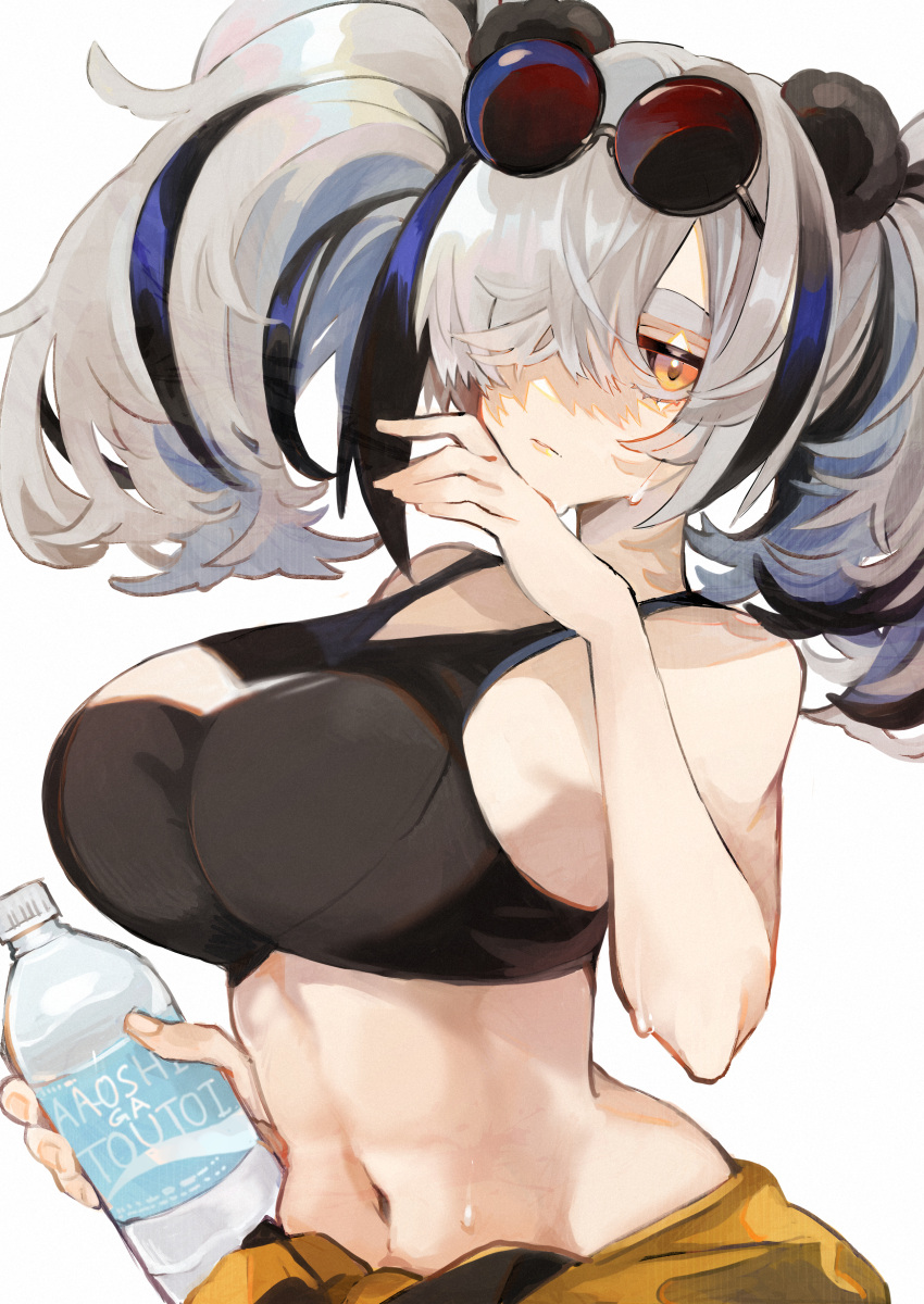 1girl aaoshigatoutoi absurdres arknights bare_arms bare_shoulders black_hair bottle breasts brown_eyes commentary crop_top eyewear_on_head feater_(arknights) feater_(dojo_star)_(arknights) grey_hair hair_over_one_eye hand_up highres large_breasts looking_at_viewer midriff multicolored_hair navel official_alternate_costume silver_hair simple_background sports_bra stomach streaked_hair sunglasses sweat twintails upper_body water_bottle white_background