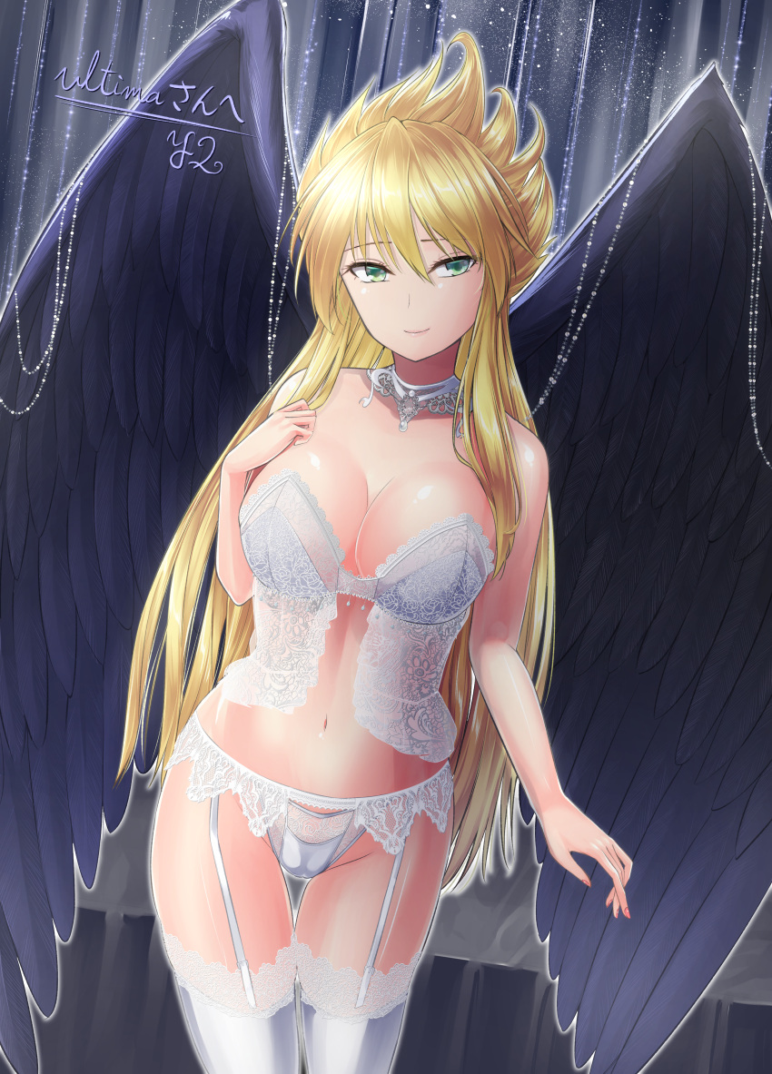 1girl absurdres angel_wings artist_name blonde_hair bra breasts breath_of_fire breath_of_fire_ii bridal_lingerie choker cleavage closed_mouth commission commissioner_upload feathered_wings garter_belt green_eyes highres huge_filesize lace lace-trimmed_bra lace-trimmed_legwear lace-trimmed_panties lace_trim large_breasts lingerie long_hair looking_at_viewer navel nina_(breath_of_fire_ii) panties purple_feathers purple_wings signature smile solo standing thigh_gap underwear underwear_only white_bra white_legwear white_panties wings y2