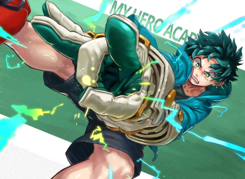 1boy 4o080_yotabnc action black_shorts boku_no_hero_academia clenched_teeth commentary_request copyright_name elbow_gloves flick freckles gloves green_background green_eyes green_gloves green_hair green_shirt highres hood hood_down hoodie male_focus midoriya_izuku red_footwear shirt shorts solo sparks spiky_hair teeth two-tone_background two-tone_gloves white_background white_gloves