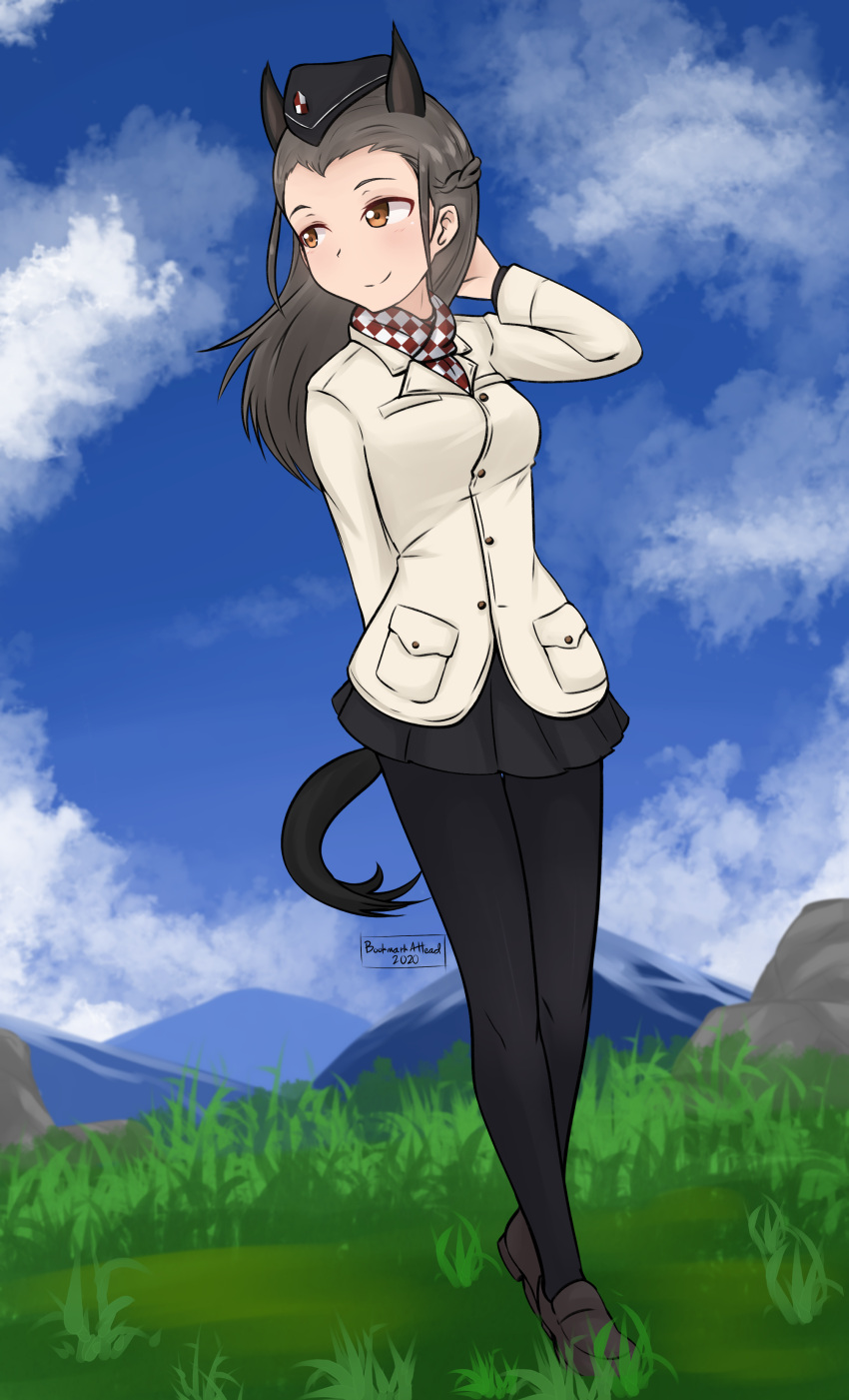 1girl absurdres arm_behind_back blue_sky bookmarkahead braid brown_eyes brown_hair clouds crown_braid dutch_angle garter_straps grass hand_in_hair highres long_hair military mountain pantyhose sky solo uniform wiktoria_urbanowicz world_witches_series