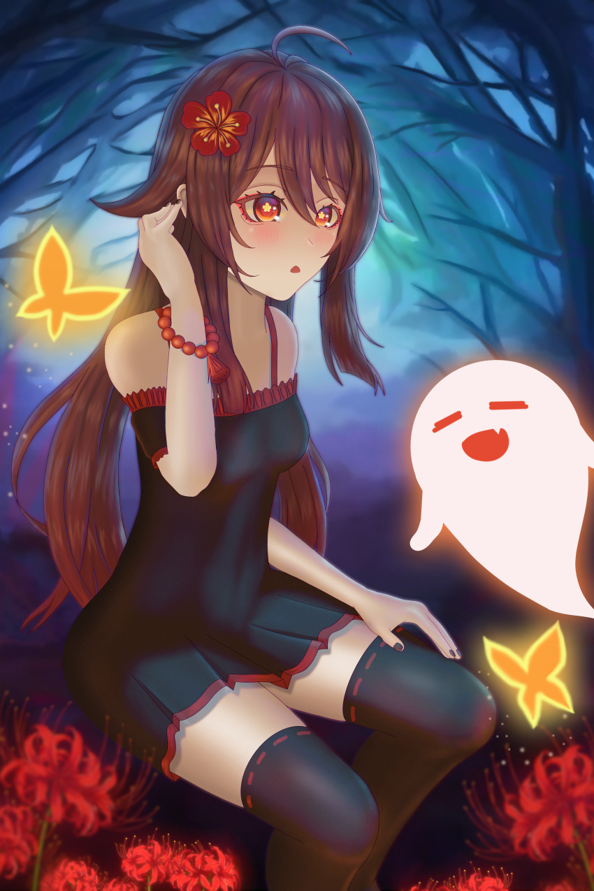 1girl absurd_fox black_dress black_nails brown_hair butterfly genshin_impact ghost hu_tao long_hair multicolored_eyes multicolored_hair solo stockings twintails