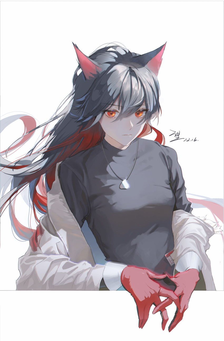1girl absurdres animal_ears arknights at_wang black_hair black_shirt border breasts floating_hair gloves highres jacket jacket_partially_removed jewelry long_hair multicolored_hair necklace outside_border red_eyes red_gloves redhead shirt signature simple_background small_breasts solo texas_(arknights) texas_(winter_messenger)_(arknights) two-tone_hair upper_body white_background white_jacket wolf_ears