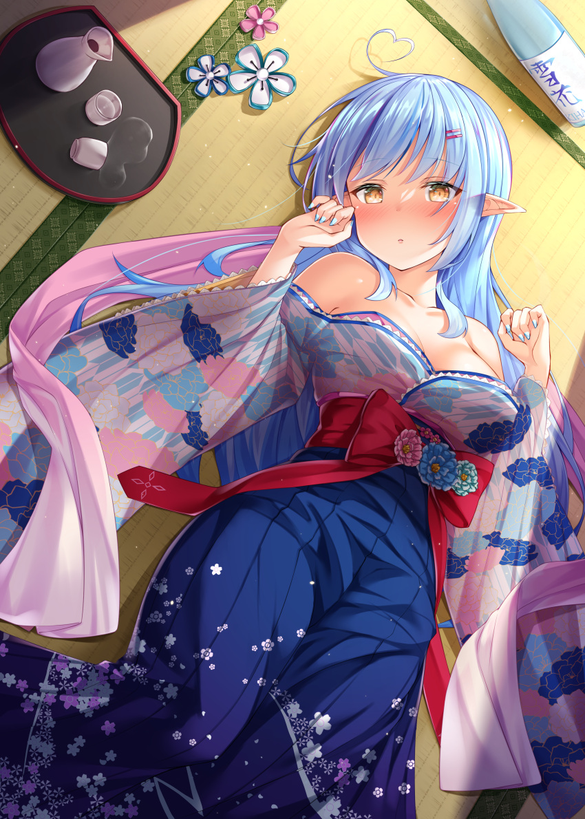 1girl absurdres ahoge alcohol aqua_hair bangs bare_shoulders blush bottle bow breasts commentary_request detached_sleeves drunk eyebrows_visible_through_hair flower hair_ornament hairclip heart_ahoge highres hololive huge_filesize japanese_clothes kimono large_breasts long_hair long_skirt lying nail_polish on_back on_floor parted_lips pointy_ears red_bow sash shimo_(shimo332215) sidelocks skirt solo tea_set tray wide_sleeves yellow_eyes yukihana_lamy