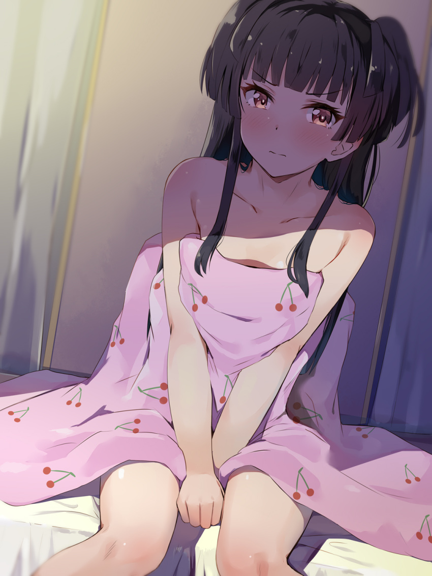 1girl bangs bare_arms bare_shoulders black_hair blush brown_eyes closed_mouth collarbone commentary_request eyebrows_visible_through_hair feet_out_of_frame highres idolmaster idolmaster_shiny_colors long_hair looking_at_viewer mayuzumi_fuyuko seneto sitting solo two_side_up v-shaped_eyebrows very_long_hair