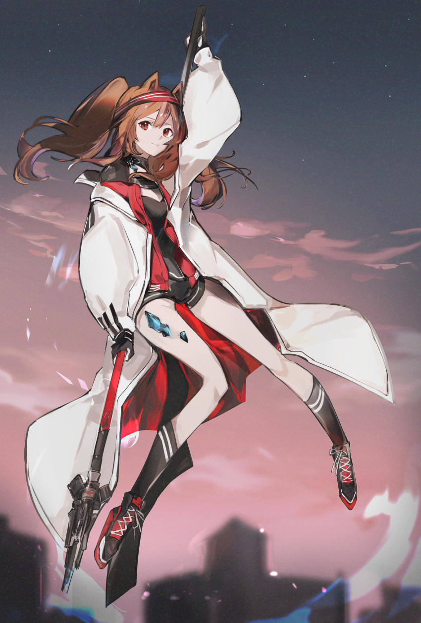 1girl angelina_(arknights) animal_ears aonogura arknights black_footwear black_gloves black_shirt black_shorts breasts brown_hair closed_mouth clouds cloudy_sky coat commentary cross-laced_footwear floating fox_ears gloves hair_between_eyes hairband highres holding holding_staff infection_monitor_(arknights) light_smile long_hair looking_at_viewer medium_breasts open_clothes open_coat oripathy_lesion_(arknights) outdoors red_eyes shirt shoes short_shorts shorts sky smile socks solo staff twintails white_coat