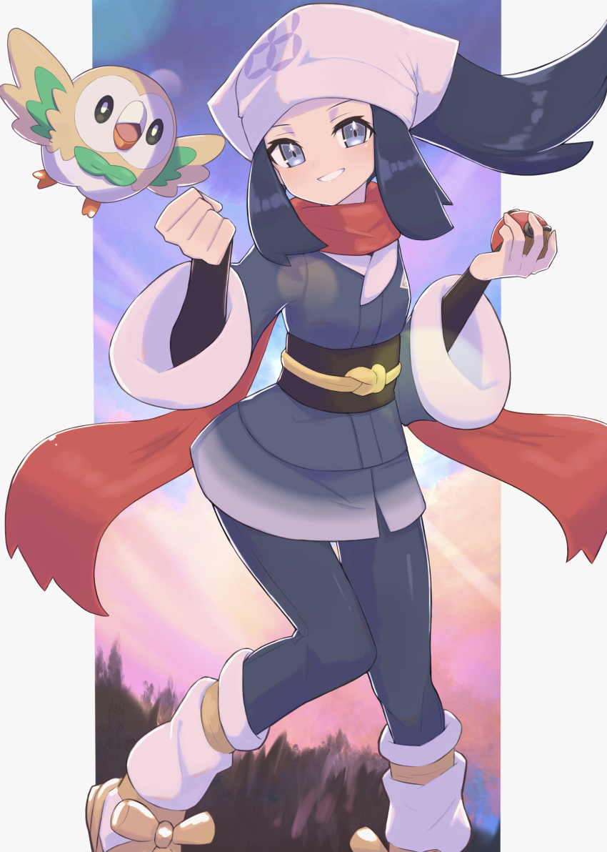 1girl absurdres black_hair clenched_hand commentary_request eyelashes female_protagonist_(pokemon_legends:_arceus) floating_hair floating_scarf gen_7_pokemon grey_eyes grey_legwear head_scarf highres holding holding_poke_ball looking_at_viewer nuneno pantyhose parted_lips poke_ball poke_ball_(legends) pokemon pokemon_(creature) pokemon_(game) pokemon_legends:_arceus ponytail rowlet scarf shoes sidelocks smile socks starter_pokemon white_headwear