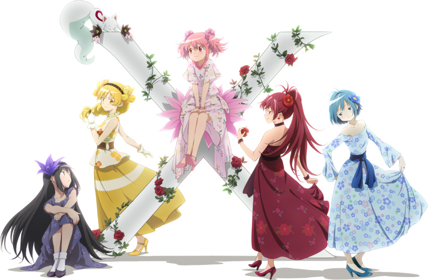5girls akemi_homura alternate_costume alternate_hairstyle apple arm_at_side arm_support bare_arms bare_back bare_shoulders belt black_hair black_hairband blonde_hair blouse blue_dress blue_eyes blue_flower blue_footwear blue_hair braid breasts brown_belt camellia chewing closed_mouth collarbone commentary_request contrapposto creature dot_nose dress earrings eyebrows_visible_through_hair facing_viewer flat_chest floral_print flower flower_request food formal frills from_behind fruit full_body fur-trimmed_shirt fur_trim gloves grey_footwear grin hair_between_eyes hair_flower hair_ornament hairband half-closed_eyes hand_up hands_on_lap hands_on_own_knees head_tilt high_collar high_heels high_ponytail holding holding_food holding_fruit jewelry kaname_madoka kyubey leaf legs_together light_blush light_smile lineup long_dress long_hair long_skirt long_sleeves looking_afar looking_at_another looking_back looking_down looking_up mahou_shoujo_madoka_magica medium_breasts miki_sayaka multiple_girls off-shoulder_dress off_shoulder official_art parted_lips pink_dress pink_eyes pink_footwear pink_hair pink_scrunchie plant ponytail profile purple_dress purple_flower red_flower red_footwear red_rose redhead ring roman_numeral rose sakura_kyouko scrunchie shadow shiny shiny_hair shirt shoes short_hair short_sleeves short_twintails shoulder_blades side_braid sideboob sidelocks sitting skirt skirt_hold sleeveless sleeveless_blouse smile socks spiky_hair standing straight_hair taniguchi_jun'ichirou tareme tomoe_mami transparent_background twintails v_arms waist_cape white_gloves white_legwear wide_sleeves wristband yellow_eyes yellow_flower yellow_footwear yellow_skirt