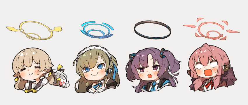 4girls amonitto aru_(blue_archive) asuna_(blue_archive) bag bangs blue_archive blue_eyes blue_neckwear blush breasts closed_eyes coat cropped_torso eyebrows_visible_through_hair grey_background hair_between_eyes hair_ornament headphones hifumi_(blue_archive) highres horns light_brown_hair long_hair low_twintails maid maid_headdress mole mole_on_breast multiple_girls neck_ribbon necktie no_pupils open_mouth pink_hair purple_hair red_neckwear ribbon sailor_collar school_uniform serafuku shirt simple_background smile sweat twintails two_side_up violet_eyes yellow_neckwear yuuka_(blue_archive)