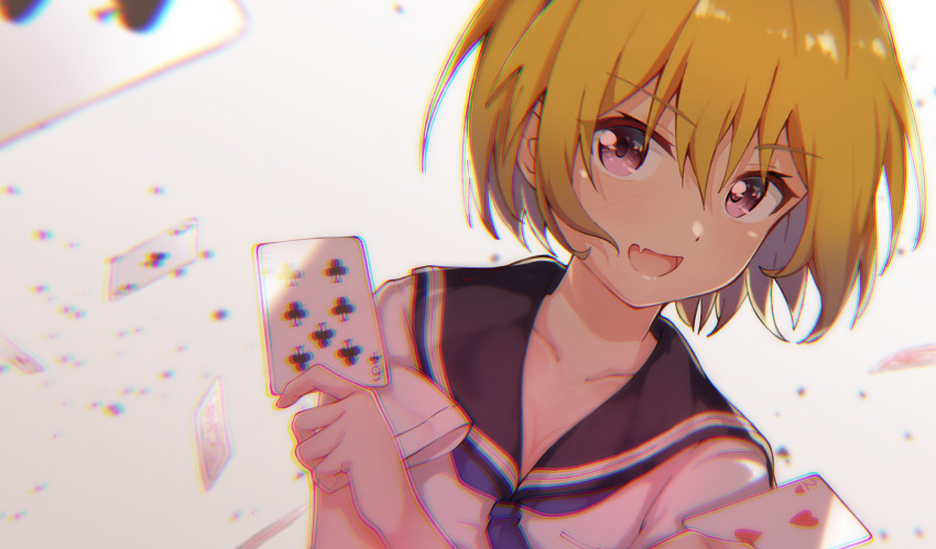 1girl :d absurdres ace_of_clubs bangs blonde_hair blue_neckwear blurry card chromatic_aberration club_(shape) collarbone depth_of_field dot_nose eyebrows_visible_through_hair fang floating_card heart highres higurashi_no_naku_koro_ni holding holding_card houjou_satoko looking_at_viewer neckerchief open_mouth pizza_(artist) playing_card sailor_collar school_uniform serafuku shiny shiny_hair short_hair short_sleeves six_of_clubs skin_fang smile spade_(shape) two_of_hearts upper_body violet_eyes white_background