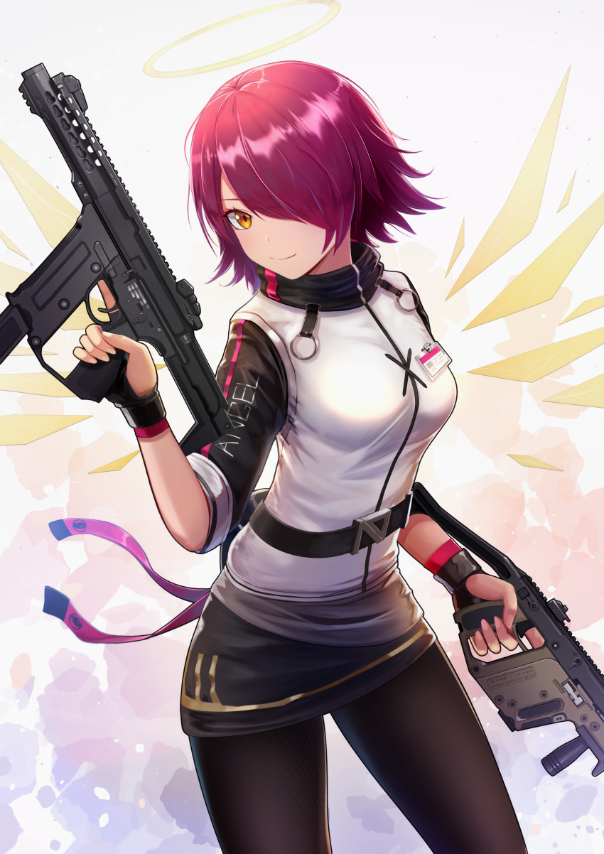 1girl absurdres arknights bangs belt black_belt black_gloves black_legwear black_skirt breasts brown_eyes commentary_request cowboy_shot exusiai_(arknights) fingerless_gloves gloves gun hair_over_one_eye halo hand_up highres holding holding_gun holding_weapon jacket kenko_(a143016) looking_at_viewer medium_breasts miniskirt pantyhose partial_commentary raglan_sleeves redhead short_hair short_sleeves skirt solo standing trigger_discipline weapon white_jacket