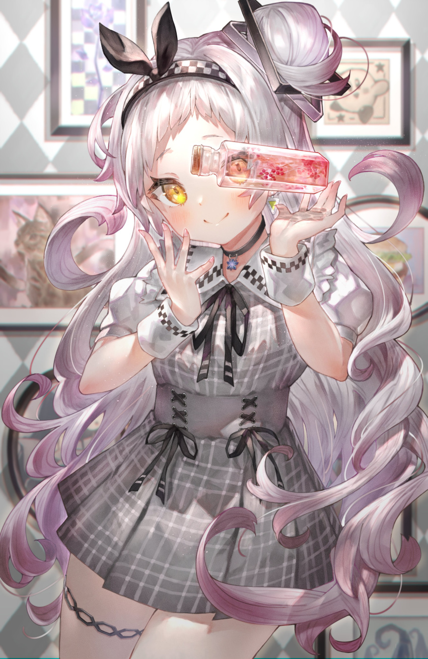 1girl absurdres black_ribbon blush bottle checkered_hairband commentary_request cowboy_shot curly_hair dress grey_hair hair_bun herbarium highres hololive indoors jewelry kirby kirby_(series) long_hair looking_at_viewer murasaki_shion neck_ribbon necklace picture_frame plaid plaid_dress portrait_(object) ribbon rin31153336 smile solo thigh_strap transparent virtual_youtuber wrist_cuffs yellow_eyes