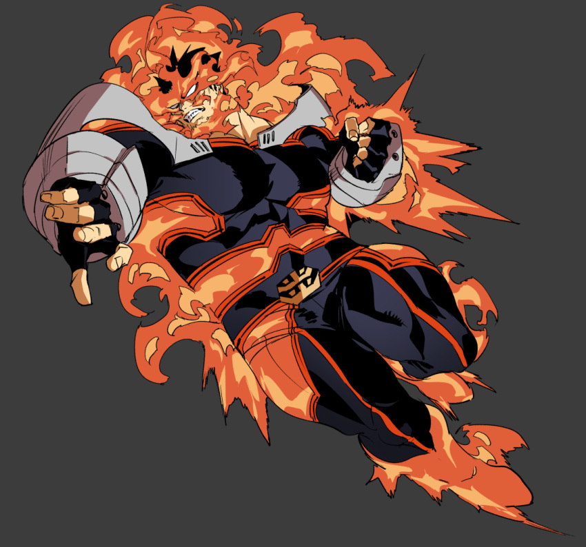 1boy armor beard blue_bodysuit bodysuit boku_no_hero_academia bulge covered_abs facial_hair fighting_stance fingerless_gloves fire full_body gloves koooogasya large_pectorals male_focus mature_male muscular muscular_male pauldrons redhead short_hair shoulder_armor solo spiky_hair thick_thighs thighs todoroki_enji
