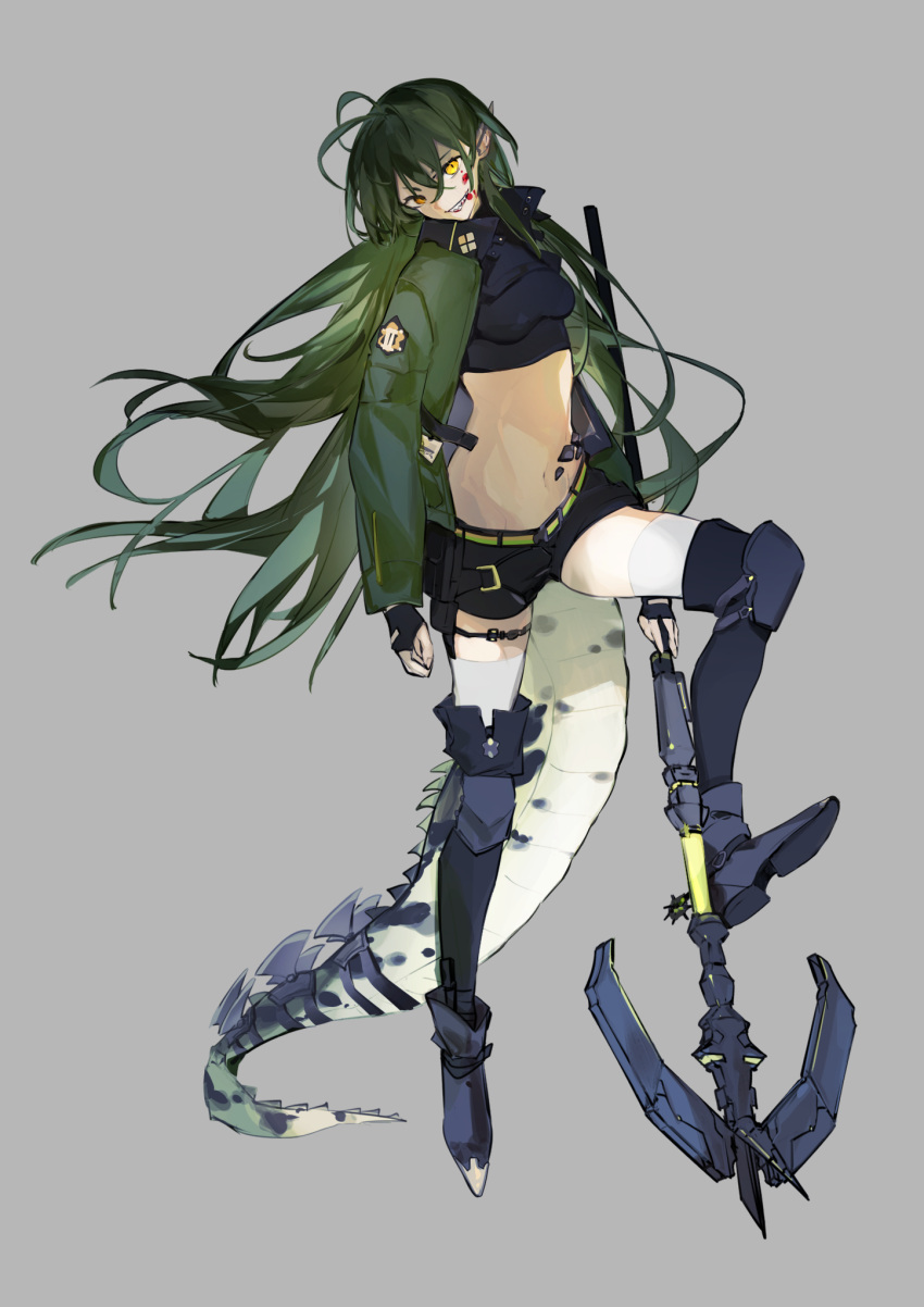 1girl aonogura arknights bangs belt belt_pouch black_footwear black_gloves black_legwear black_shirt black_shorts blood blood_on_face boots breasts closed_mouth commentary crocodilian_tail crop_top crossed_bangs fingerless_gloves floating_hair full_body gavial_(arknights) gloves green_hair green_jacket grey_background grin hair_between_eyes head_tilt highres jacket knee_up long_hair long_sleeves looking_at_viewer medium_breasts navel open_clothes open_jacket oripathy_lesion_(arknights) pointy_ears pouch sharp_teeth shirt short_shorts shorts simple_background smile solo staff steel-toe_boots stomach tail teeth thigh-highs thigh_boots thighhighs_under_boots thighs white_legwear yellow_belt yellow_eyes zettai_ryouiki