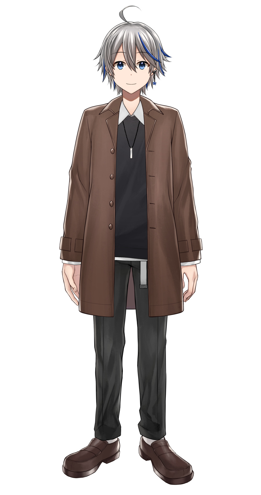 1boy absurdres akky_(akimi1127) black_pants black_shirt blue_eyes blue_hair brown_footwear brown_jacket chain closed_mouth collared_shirt commentary_request earrings flower_earrings full_body grey_hair hata_kouya highres indie_virtual_youtuber jacket jewelry loafers long_sleeves looking_at_viewer male_focus multicolored_hair official_art open_clothes open_jacket pants shirt shoes simple_background sleeves_past_wrists smile socks solo standing streaked_hair tachi-e virtual_youtuber white_background white_legwear white_shirt