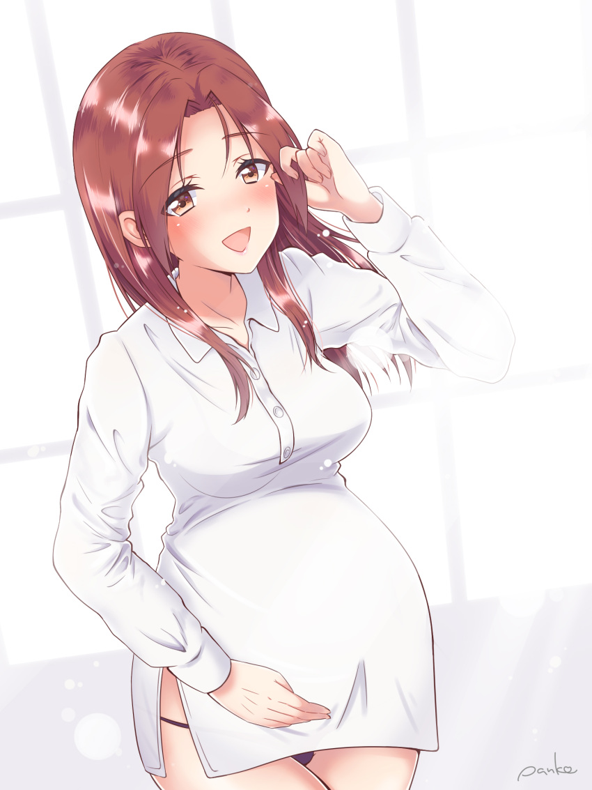 1girl alternate_costume back blush breasts brown_eyes brown_hair dress hand_in_hair highres long_hair looking_at_viewer medium_breasts minna-dietlinde_wilcke miyu_(lovesickness) panties panty_peek pregnant purple_panties smile solo strike_witches underwear white_dress world_witches_series