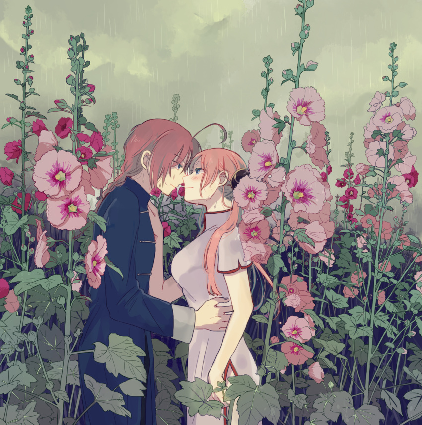 1boy 1girl ahoge blush brother_and_sister bun_cover china_dress chinese_clothes closed_mouth clouds cloudy_sky couple cowboy_shot dress field flower flower_field from_side gintama grey_dress hand_on_another's_hip hand_on_another's_shoulder hetero highres imminent_kiss incest kagura_(gintama) kamui_(gintama) long_hair nuka orange_hair pink_flower rain redhead shiny shiny_hair short_sleeves siblings side_slit sky twintails