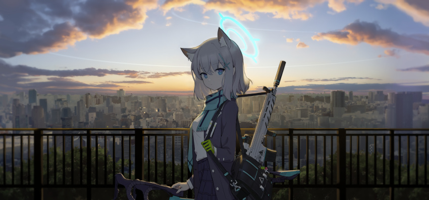 1girl absurdres animal_ears assault_rifle blazer blue_archive blue_eyes cityscape clouds cloudy_sky commentary_request cross_hair_ornament dusk gloves green_gloves gun hair_ornament halo highres jacket long_sleeves looking_at_viewer medium_hair outdoors rifle roupo99 scarf scenery school_uniform shiroko_(blue_archive) sig_sauer_556 single_glove sky solo weapon white_hair