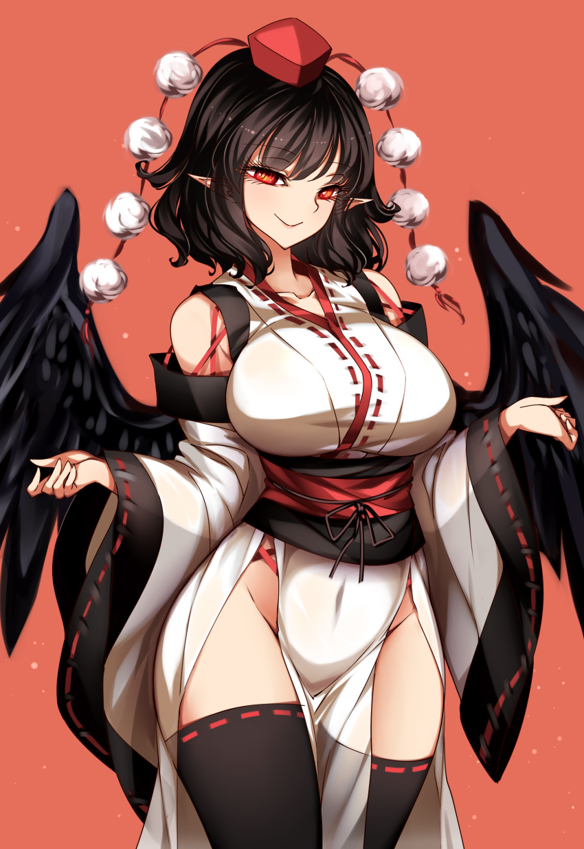 1girl absurdres alternate_costume black_hair black_legwear black_wings breasts closed_mouth covered_navel cowboy_shot detached_sleeves eyelashes feathered_wings hat highres japanese_clothes kourindou_tengu_costume large_breasts long_sleeves looking_at_viewer medium_hair naughty_face obi orange_background pelvic_curtain pointy_ears pom_pom_(clothes) raptor7 red_eyes red_headwear ribbon-trimmed_legwear ribbon-trimmed_sleeves ribbon_trim sash shameimaru_aya simple_background smile solo thigh-highs tokin_hat touhou wide_sleeves wings
