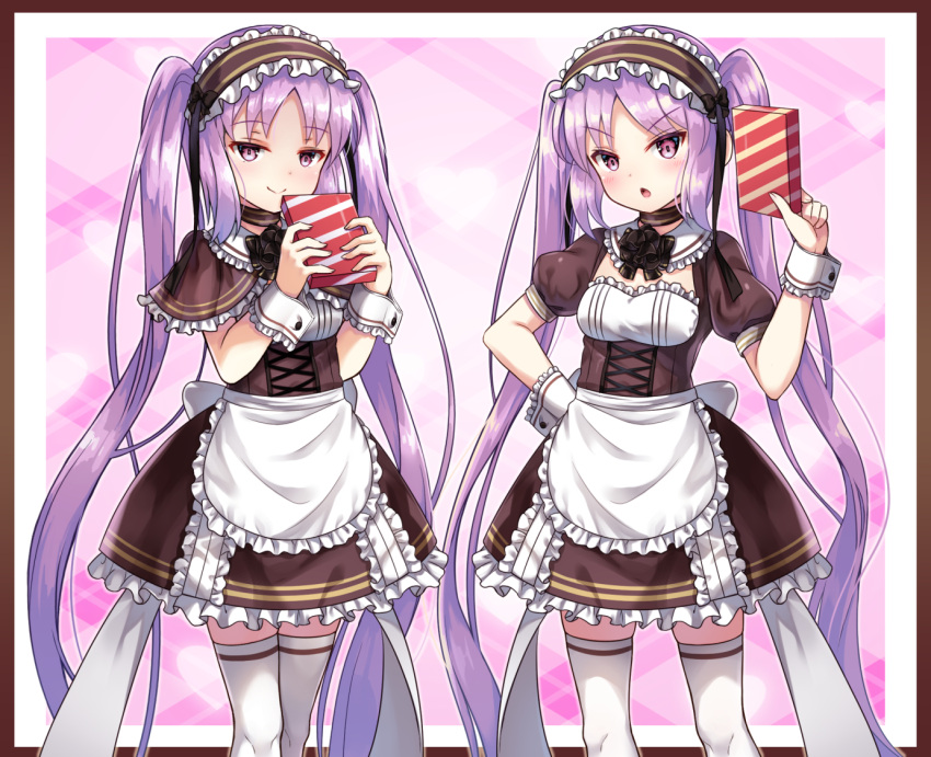 1girl alternate_costume bangs black_dress blush box breasts dress enmaided euryale_(fate) fate/hollow_ataraxia fate_(series) frilled_hairband frills gift gift_box hairband kasaran long_hair looking_at_viewer maid open_mouth purple_hair siblings sisters small_breasts smile stheno_(fate) thigh-highs thighs twins twintails very_long_hair violet_eyes