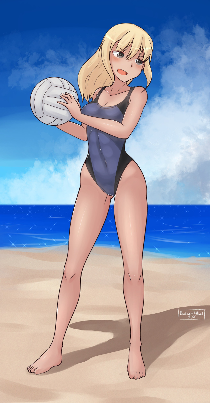1girl 2020 abs absurdres artist_name ass_visible_through_thighs beach_volleyball black_eyes blonde_hair blue_sky bookmarkahead clouds covered_navel dated groin_tendon highres horizon marian_e_carl navel ocean one-piece_swimsuit sand shadow sky solo swimsuit world_witches_series
