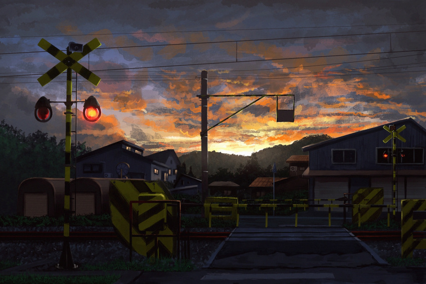 air_conditioner commentary_request crosswalk gensuke_(ryun) highres house mountain no_humans original outdoors power_lines railroad_crossing railroad_signal railroad_tracks red_clouds road scenery sky traffic_mirror tree twilight utility_pole