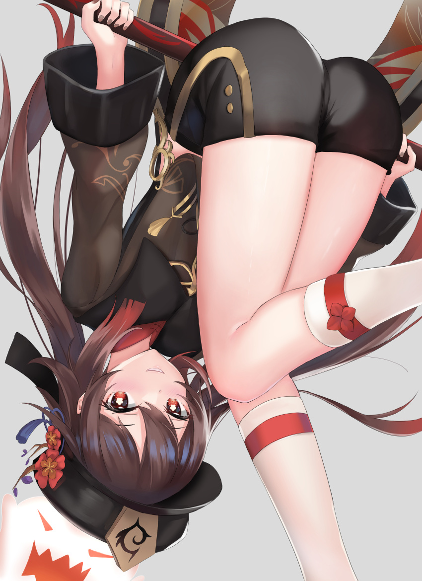 1girl absurdres ass bangs black_coat black_headwear black_shorts blush breasts brown_hair coat coattails flower genshin_impact hat hat_flower highres hu_tao jewelry long_hair long_sleeves looking_at_viewer plum_blossoms polearm red_eyes ring shaded_face shorts skai_kun small_breasts smile spear symbol-shaped_pupils thighs thumb_ring twintails upside-down very_long_hair weapon