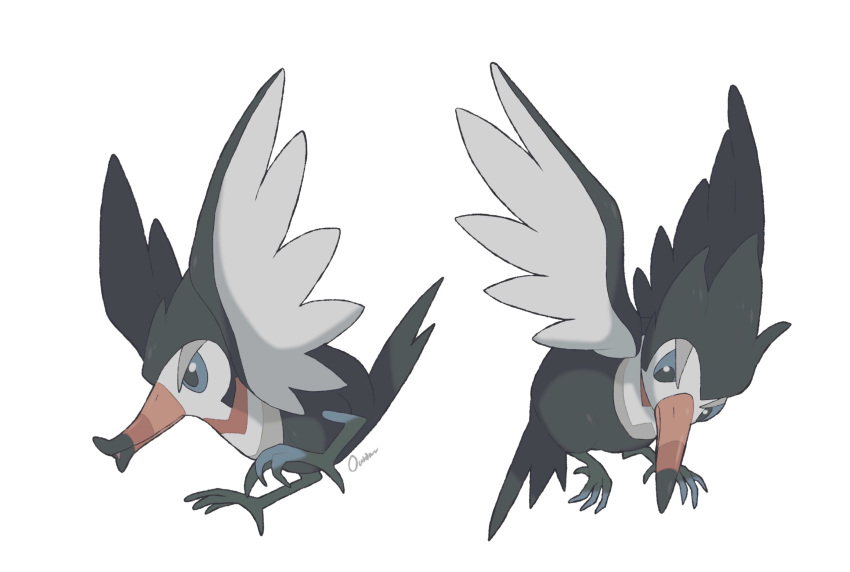 bird closed_mouth commentary_request full_body gen_7_pokemon grey_eyes highres multiple_views no_humans ouran pokemon pokemon_(creature) signature simple_background talons trumbeak white_background
