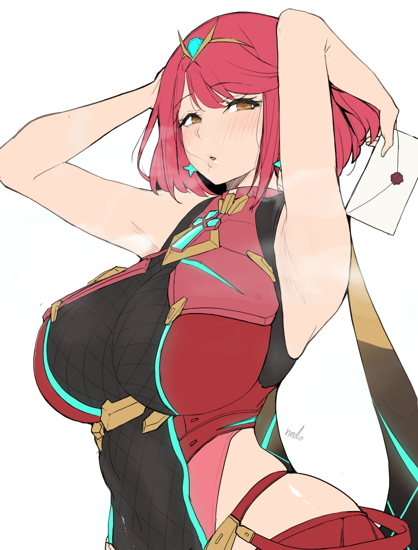 1girl absurdres armpits arms_behind_back bangs breasts chest_jewel earrings envelope headpiece highres jewelry large_breasts letter puzenketsu pyra_(xenoblade) red_eyes red_shorts redhead short_hair short_shorts shorts swept_bangs tiara xenoblade_chronicles_(series) xenoblade_chronicles_2