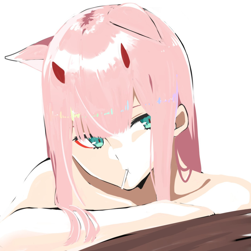 1girl :t animal_ears aqua_eyes candy cat_ears darling_in_the_franxx food highres horns kemonomimi_mode lollipop long_hair looking_at_viewer makeup mascara nakoya_(nane_cat) nude pink_hair portrait shiny shiny_hair simple_background sketch solo straight_hair white_background zero_two_(darling_in_the_franxx)