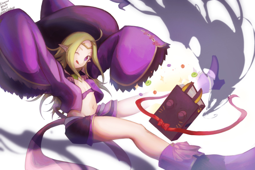1girl ;q ahoge bandeau bangs book boots bow candy character_name circlet commentary_request dated detached_sleeves fire_emblem fire_emblem_awakening fire_emblem_heroes flat_chest floating floating_book floating_object food green_hair groin hair_down halloween_costume haraitai hat highres knee_boots long_hair looking_at_viewer manakete midriff navel nowi_(fire_emblem) one_eye_closed open_clothes open_vest parted_bangs pointy_ears purple_footwear purple_headwear purple_shorts purple_sleeves purple_vest short_shorts shorts sidelocks simple_background sleeves_past_fingers sleeves_past_wrists smile solo sparkle tongue tongue_out vest violet_eyes white_background witch_hat