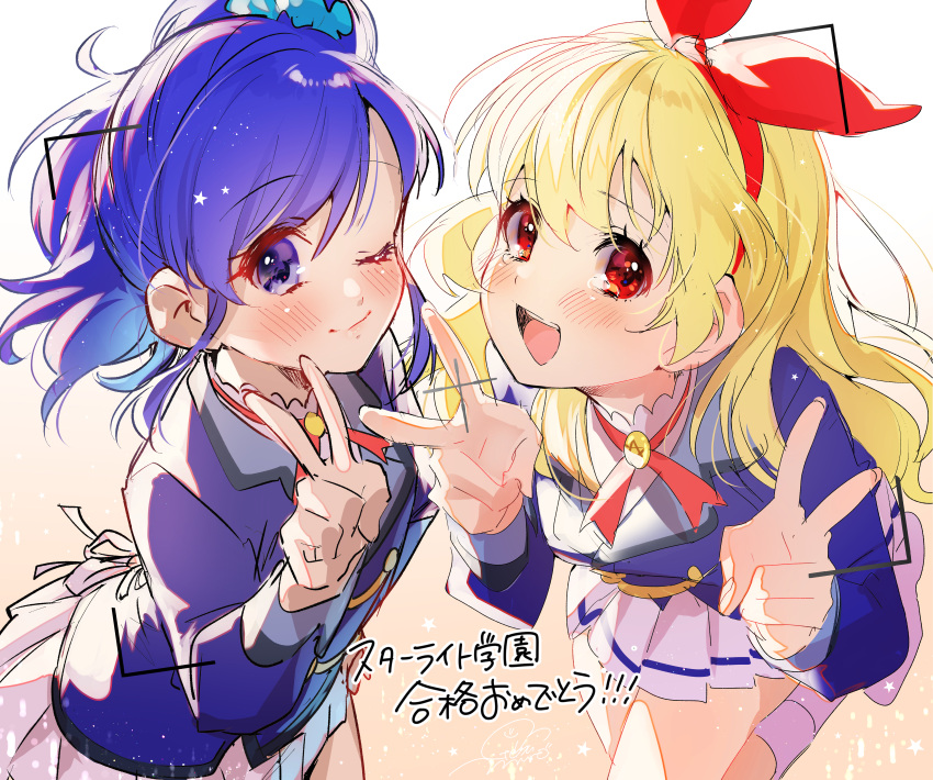 2girls :d ;) absurdres aikatsu! aikatsu!_(series) blonde_hair blue_eyes blue_hair blue_jacket blue_scrunchie boots bow closed_mouth commentary_request cowboy_shot double_v face foreshortening geshumaro gradient gradient_background hair_bow hair_ornament hair_scrunchie hairband high_heel_boots high_heels highres hoshimiya_ichigo huge_filesize jacket kiriya_aoi knee_boots leaning_forward long_hair looking_at_viewer multicolored multicolored_background multiple_girls neck_ribbon one_eye_closed open_mouth pink_background pleated_skirt pose red_bow red_eyes red_hairband red_ribbon ribbon round_teeth scrunchie shirt side_ponytail simple_background single_stripe sketch skirt smile sparkle star_(symbol) starlight_academy_uniform taking_picture teeth translation_request unfinished upper_teeth v white_background white_footwear white_shirt white_skirt