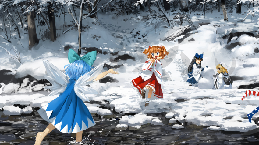 5girls :d ^_^ american_flag_legwear aqua_bow arm_up back_bow bare_tree barefoot beret black_bow blonde_hair blue_bow blue_dress blue_hair bobby_socks bow brown_footwear brown_hair capelet cirno closed_eyes clownpiece dress drill_hair facing_away fairy_wings feet_only footprints hair_bow hand_up hat headdress highres ice ice_wings long_hair looking_at_another luna_child mary_janes multiple_girls open_mouth outdoors pinafore_dress profile red_dress rock running shoes short_hair smile snow snowman socks squatting star_(symbol) star_print star_sapphire striped striped_legwear suna_(s73d) sunny_milk touhou tree two_side_up water white_capelet white_dress white_headwear white_legwear wings winter |d