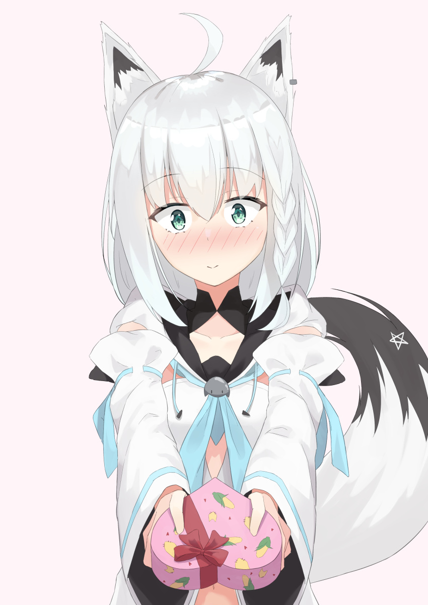 1girl absurdres ahoge animal_ears bangs blue_neckwear blush box braid detached_sleeves earrings eyebrows_visible_through_hair fox_ears fox_girl fox_tail gift gift_box green_eyes hair_between_eyes heart-shaped_box highres holding holding_gift hololive hood hoodie jewelry long_hair looking_at_viewer midriff navel neckerchief outstretched_arms pentagram shirakami_fubuki sidelocks simple_background single_braid solo starkamisan tail valentine virtual_youtuber white_background white_hair white_hoodie