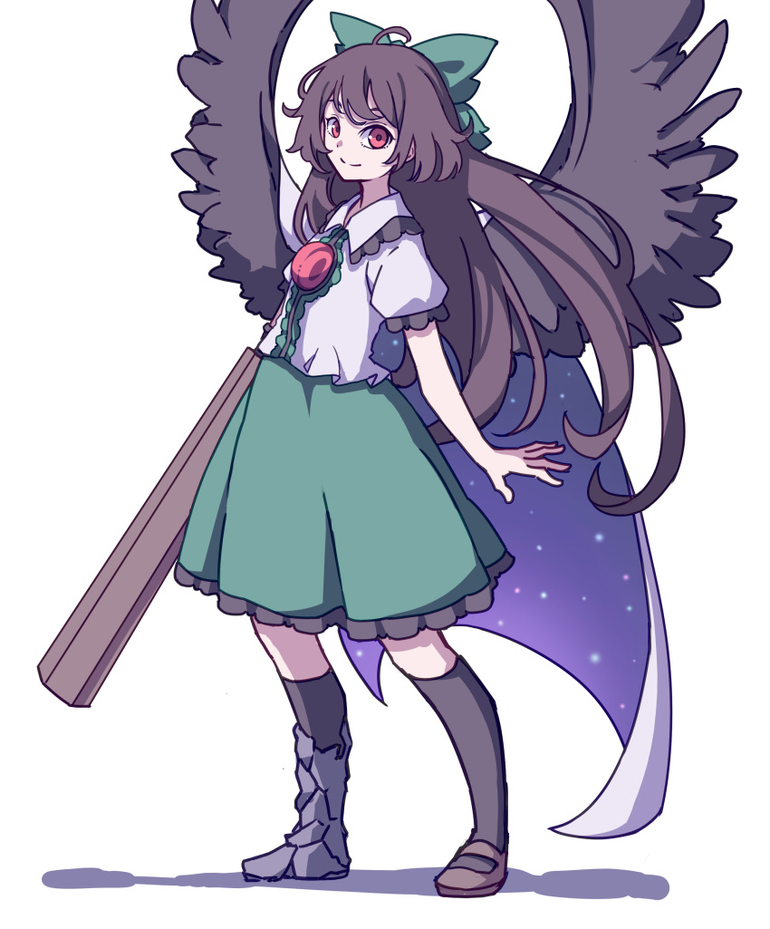 1girl absurdres arm_cannon bangs bird_wings black_legwear black_wings blouse bow brown_footwear brown_hair cape center_frills closed_mouth collared_blouse eyebrows_behind_hair frills full_body green_bow green_skirt hair_bow highres kame_(kamepan44231) long_hair looking_at_viewer mismatched_footwear one-hour_drawing_challenge red_eyes reiuji_utsuho shadow short_sleeves simple_background skirt smile solo standing starry_sky_print thigh-highs third_eye touhou weapon white_background white_blouse white_cape wings