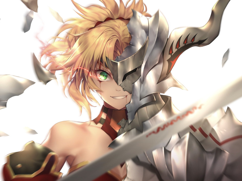 1girl armor bangs bare_shoulders blonde_hair blood blood_from_mouth blurry blurry_foreground braid breasts broken_armor clarent_(fate) fate/apocrypha fate/grand_order fate_(series) french_braid green_eyes grin hair_ornament hair_scrunchie highres light_trail long_hair looking_at_viewer mordred_(fate) mordred_(fate)_(all) nasaniliu nosebleed one_eye_covered open_mouth ponytail red_scrunchie scrunchie simple_background smile solo teeth white_background