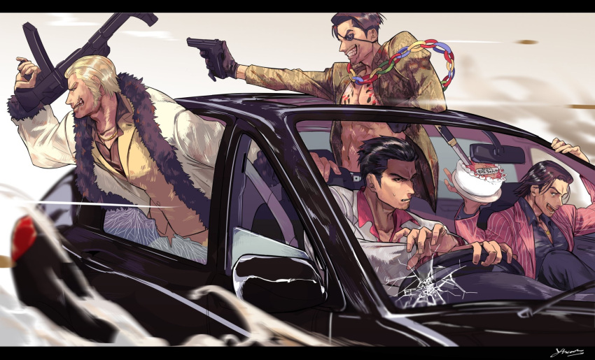 4boys abs akiyama_shun black_border black_eyepatch black_gloves black_hair black_pants black_shirt blonde_hair border cake car chain chest_tattoo coat dagger driving food fur_trim gloves gold_chain gouda_ryuuji grey_suit ground_vehicle gun hair_slicked_back handgun highres holding holding_gun holding_plate holding_weapon irei_yukitoshi jacket kiryuu_kazuma letterboxed majima_gorou male_focus motor_vehicle multiple_boys one_eye_covered open_clothes open_mouth pants planted_weapon plate profile red_jacket red_shirt ryuu_ga_gotoku ryuu_ga_gotoku_of_the_end scar scar_on_face shirt short_hair sideburns smile tattoo weapon white_coat yellow_jacket yellow_pants yellow_suit