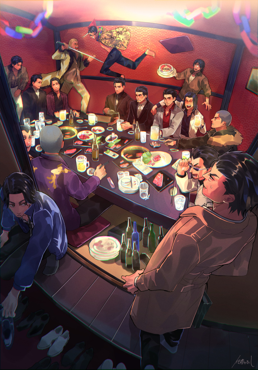 6+boys :d ^_^ absurdres akiyama_shun arm_around_shoulder bangs battle beard beer_mug black_eyepatch black_hair black_jacket black_pants black_shirt blonde_hair blue_jacket blush bottle brown_coat brown_jacket buzz_cut cake chopsticks closed_eyes closed_mouth coat collared_jacket cup date_makoto doujima_daigo facial_hair facing_away fighting_stance food full_body fur_trim gouda_ryuuji green_jacket grey_jacket hat highres holding holding_plate holding_sword holding_weapon irei_yukitoshi jacket jumping katana kiryuu_kazuma lettuce long_sleeves majima_gorou male_focus mine_yoshitaka mug multiple_boys nishikiyama_akira oda_jun one_eye_covered open_mouth pants party_hat plate pouring purple_jacket red_jacket red_shirt ryuu_ga_gotoku ryuu_ga_gotoku_0 ryuu_ga_gotoku_1 ryuu_ga_gotoku_2 ryuu_ga_gotoku_3 ryuu_ga_gotoku_4 ryuu_ga_gotoku_5 saejima_taiga shimabukuro_rikiya shinada_tatsuo shirt short_hair smile standing sunglasses sword table tachibana_tetsu tanaka_shinji tanimura_masayoshi upper_body very_short_hair watase_masaru weapon white_jacket yakiniku yellow_coat yellow_jacket yellow_suit