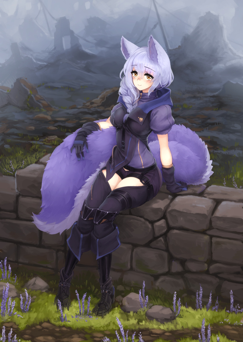 1girl absurdres animal_ears arknights bangs barbariank black_gloves black_pants blue_hair blush braid commentary crotchless crotchless_pants day english_commentary eyebrows_visible_through_hair gloves grass hair_between_eyes hair_over_shoulder highres large_tail long_hair looking_at_viewer outdoors pants provence_(arknights) puffy_short_sleeves puffy_sleeves short_sleeves single_braid sitting smile solo tail thigh_strap yellow_eyes