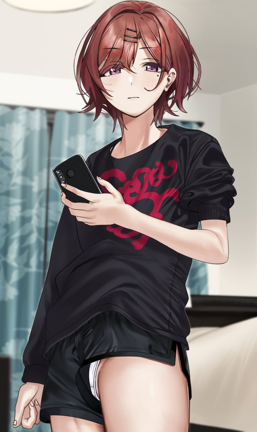 1girl absurdres asymmetrical_sleeves bangs bed bed_frame bedroom black_shirt black_shorts blanket ceiling_light cellphone curtains eyebrows_visible_through_hair hair_between_eyes hair_ornament hairclip highres higuchi_madoka holding holding_phone idolmaster idolmaster_shiny_colors indoors light_blush long_sleeves looking_at_viewer mole mole_under_eye panties panty_peek pantyshot phone pol_winner redhead room shirt short_hair shorts sleeves_rolled_up smartphone solo underwear violet_eyes white_panties