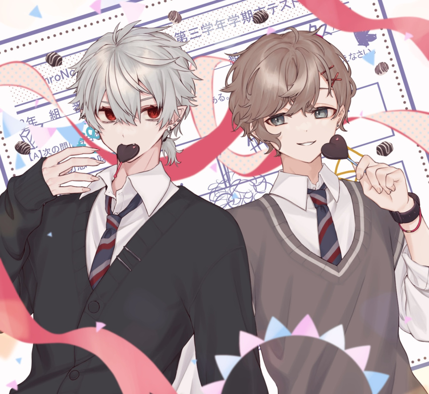 2boys black_cardigan blue_neckwear bracelet brown_hair brown_vest candy cardigan chocolate chocolate_heart commentary earrings food food_in_mouth green_eyes grey_hair grey_neckwear hair_ornament heart highres jewelry kanae_(nijisanji) kuzuha_(nijisanji) looking_at_another male_focus mole mole_under_eye multiple_boys multiple_earrings necktie nijisanji pointy_ears red_eyes red_neckwear red_ribbon ribbon shirt short_hair short_ponytail short_sleeves smile striped striped_neckwear sweater_vest symbol_commentary translation_request upper_body vest virtual_youtuber watch watch wavy_hair white_shirt x_hair_ornament yazune