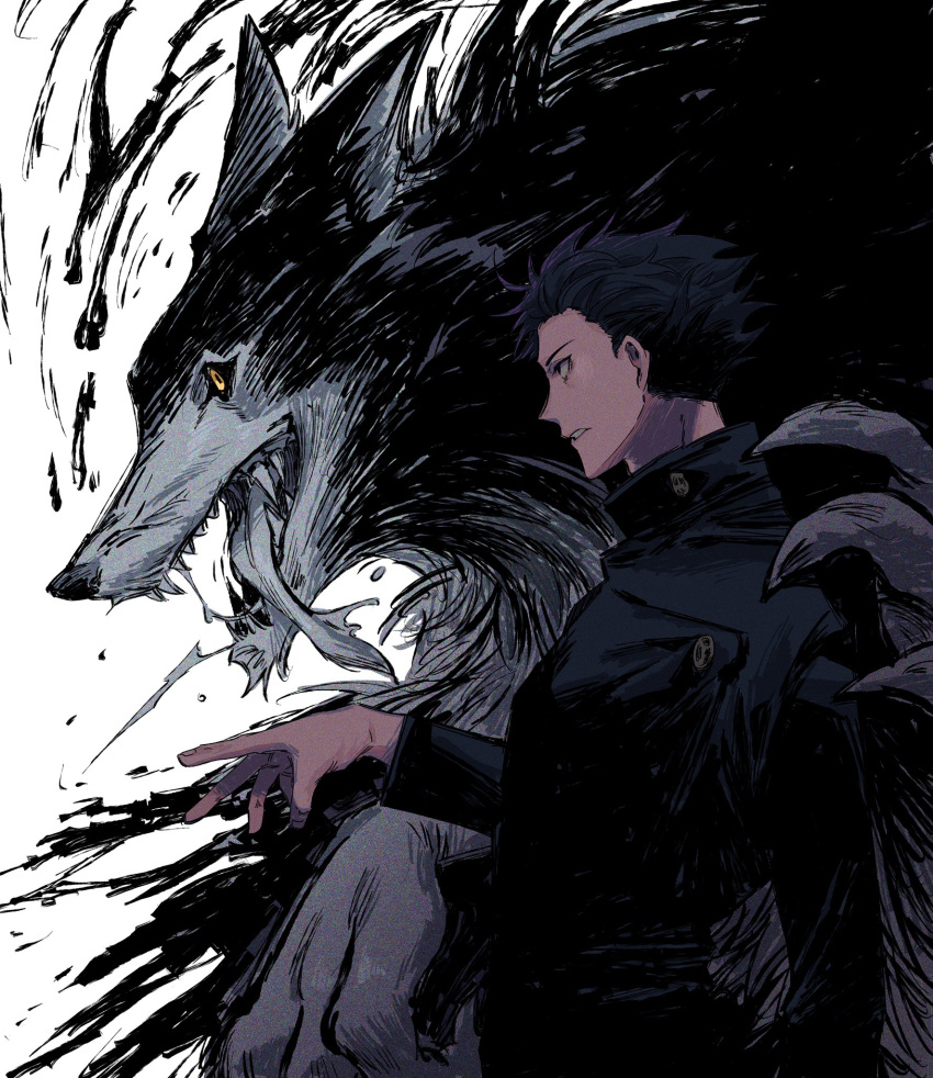 1boy black_hair black_jacket buttons claws collared_shirt from_side fur fushiguro_megumi gojo_lover hair_slicked_back highres jacket jujutsu_kaisen long_tongue male_focus monster open_mouth outstretched_hand sharp_teeth shirt simple_background teeth tongue tongue_out uniform upper_body white_background wolf yellow_eyes