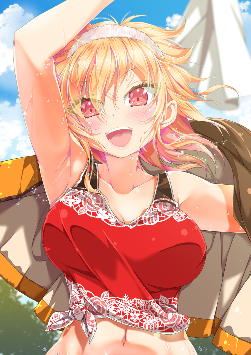 1girl :d arm_up armpits bangs bare_shoulders blonde_hair blue_sky blush breasts brown_jacket cafe-chan_to_break_time clouds collarbone commentary_request day eyebrows_visible_through_hair eyes_visible_through_hair hair_between_eyes hairband highres jacket large_breasts looking_at_viewer midriff multicolored_hair navel open_mouth porurin purple_hair red_eyes red_tank_top shirt sidelocks sky smile solo standing sweat tank_top tea_(cafe-chan_to_break_time) tied_shirt two-tone_hair upper_body upper_teeth