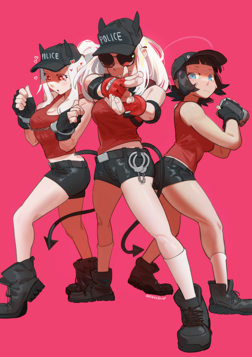 3girls aviator_sunglasses black_hair black_headwear blue_eyes boots breasts character_request contrapposto cuffs demon_horns demon_tail handcuffs hat heart heart-shaped_pupils helltaker highres horns justice_(helltaker) large_breasts looking_at_viewer midriff multiple_girls pink_background raneblu shaded_face short_hair short_shorts shorts socks sunglasses sweat symbol-shaped_pupils tail twitter_username white_hair white_legwear