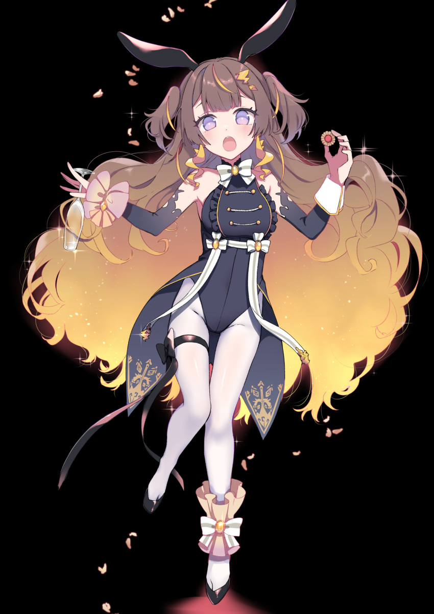 1girl animal_ears anya_melfissa bangs blonde_hair breasts brown_hair detached_sleeves highres hololive hololive_indonesia long_hair looking_at_viewer multicolored_hair open_mouth pantyhose playboy_bunny pochi_(pochi-goya) rabbit_ears solo two_side_up violet_eyes virtual_youtuber