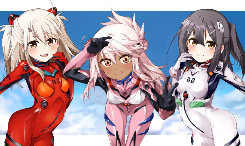 3girls absurdres arm_up ayanami_rei ayanami_rei_(cosplay) bangs black_hair blue_sky blush bodysuit breasts brown_eyes chloe_von_einzbern closed_mouth clouds cosplay dark_skin dark-skinned_female day eyebrows_visible_through_hair fate/kaleid_liner_prisma_illya fate_(series) hair_between_eyes hair_ornament hairclip half_updo highres illyasviel_von_einzbern leaning_forward licking_lips long_hair looking_at_viewer makinami_mari_illustrious makinami_mari_illustrious_(cosplay) miyu_edelfelt mochi_(k620803n) multiple_girls neon_genesis_evangelion open_mouth orange_eyes pillarboxed pink_bodysuit pink_hair plugsuit rebuild_of_evangelion red_bodysuit red_eyes shikinami_asuka_langley shikinami_asuka_langley_(cosplay) sidelocks sky small_breasts smile souryuu_asuka_langley thighs tongue tongue_out twintails two_side_up upper_teeth white_bodysuit white_hair