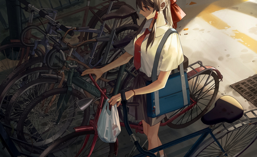 1girl alternate_costume bag bag_charm bicycle black_skirt bow bracelet breasts brown_hair charm_(object) collared_shirt feet_out_of_frame from_above ground_vehicle hair_bow hair_tubes hakurei_reimu highres jewelry light looking_away medium_breasts medium_hair necktie orb ouka_musci plastic_bag pleated_skirt red_bow red_eyes red_neckwear school_bag school_uniform shirt short_sleeves shoulder_bag sidelocks skirt solo standing tie_clip touhou white_shirt yin_yang yin_yang_orb