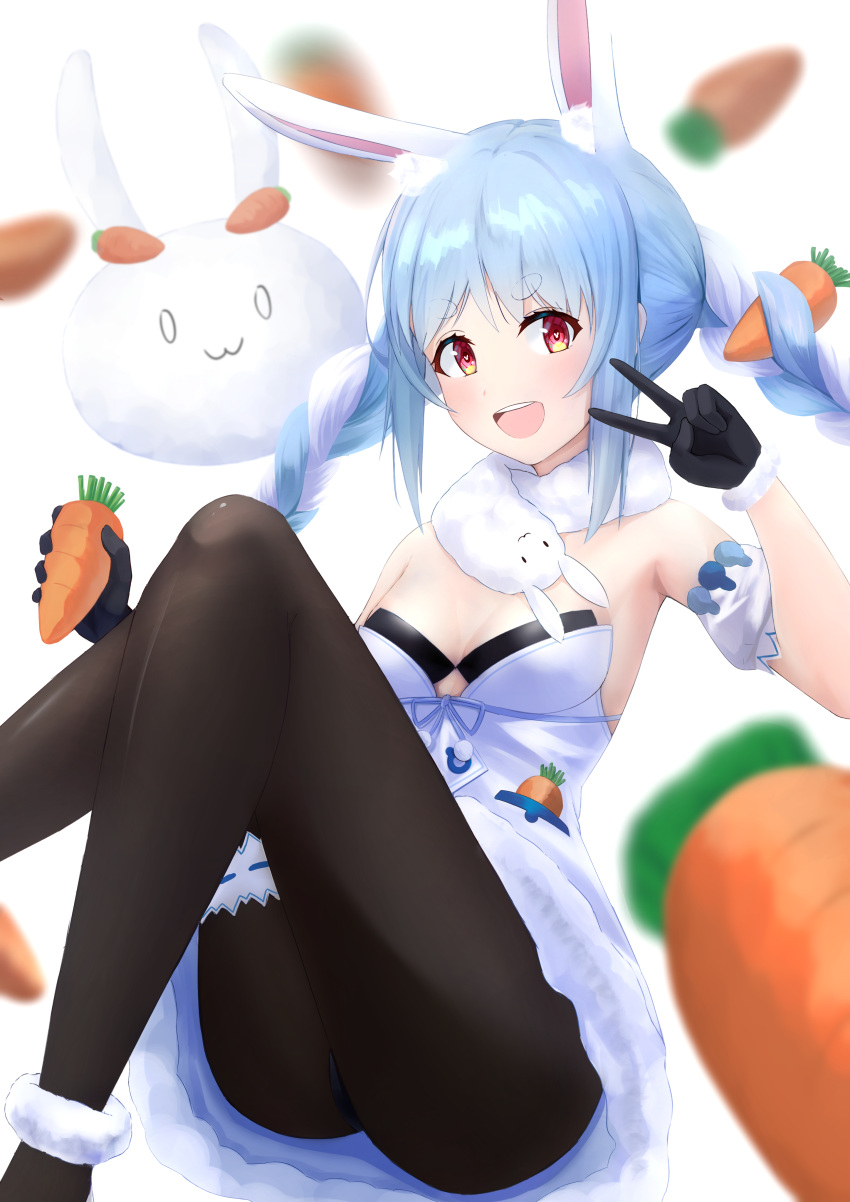 1girl :d absurdres animal_ear_fluff animal_ears bangs bare_shoulders black_gloves black_legwear black_leotard blue_hair braid breasts bunny-shaped_pupils carrot_hair_ornament clothing_cutout coat creature deruta_(deruneko) detached_sleeves don-chan_(usada_pekora) feet_out_of_frame food_themed_hair_ornament fur-trimmed_coat fur-trimmed_gloves fur_scarf fur_trim garters gloves hair_ornament highres hikimayu hololive leotard leotard_under_clothes light_blush long_hair looking_at_viewer multicolored_hair nousagi_(usada_pekora) open_mouth pantyhose puffy_short_sleeves puffy_sleeves rabbit rabbit_ears scarf short_eyebrows short_sleeves single_garter sitting small_breasts smile solo strapless strapless_coat strapless_leotard thick_eyebrows twin_braids twintails two-tone_hair underboob_cutout upper_teeth usada_pekora v virtual_youtuber white_coat white_hair white_scarf white_sleeves