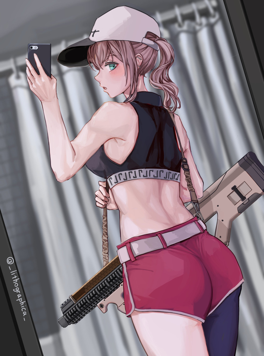 1girl :o absurdres aqua_eyes ar-57 ar-57_(girls_frontline) ass bare_arms bare_shoulders baseball_cap belt black_legwear blush breasts cellphone cowboy_shot crop_top curtains dutch_angle ear_piercing from_behind girls_frontline gun hat highres holding-phone indoors lithographica looking_at_viewer looking_back medium_breasts mirror open_mouth phone piercing pink_hair pink_shorts ponytail reflection selfie short_hair shorts single_leg_pantyhose smartphone solo taking_picture twitter_username weapon white_headwear